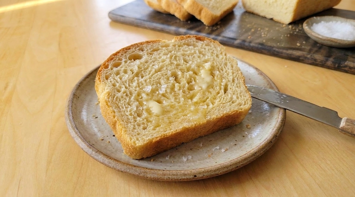 A thick slice of homemade bread on a small plate with melted butter and flaky salt