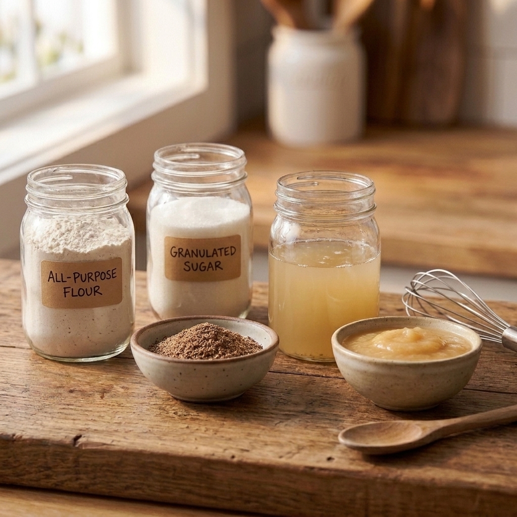 A tidy baking counter with labeled jars of flour and sugar, a small bowl of ground flaxseed, a jar of aquafaba, and a bowl of applesauce ready for mixing