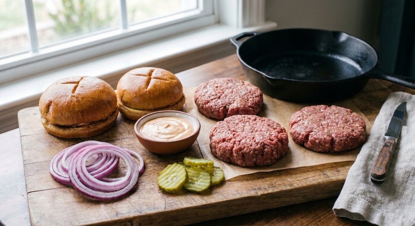 A tidy kitchen counter with burger buns, a bowl of sauce, sliced onions, pickles, and formed patties ready to cook