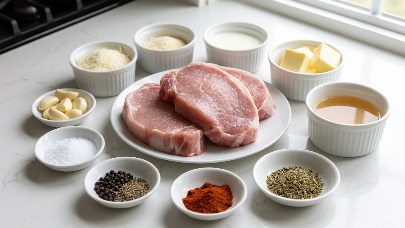A tidy kitchen counter with raw pork chops, garlic cloves, grated Parmesan, heavy cream, butter, chicken broth, salt, pepper, paprika, and dried Italian seasoning arranged in small bowls