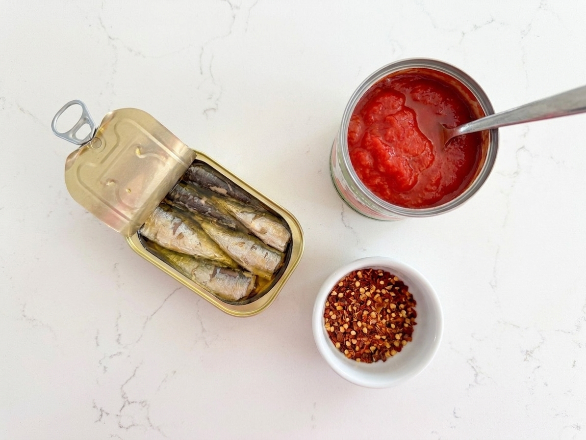 A tin of sardines next to an open can of tomatoes and a small bowl of red pepper flakes on a kitchen counter
