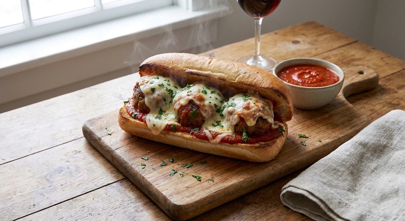 A toasted hoagie roll filled with meatballs, marinara sauce, and melted mozzarella on a wooden cutting board