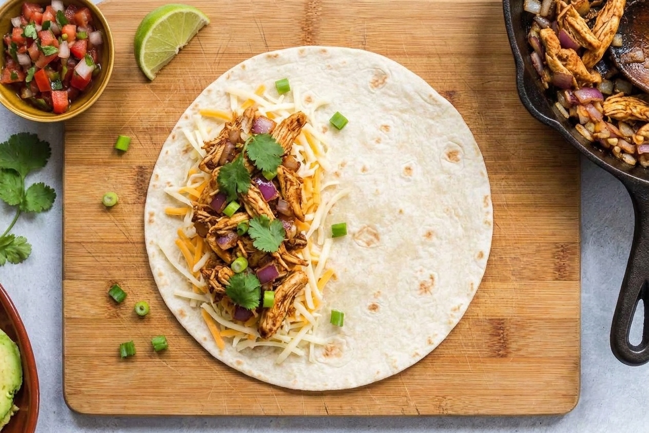 A tortilla on a cutting board with shredded cheese and spiced filling arranged on one half, ready to fold