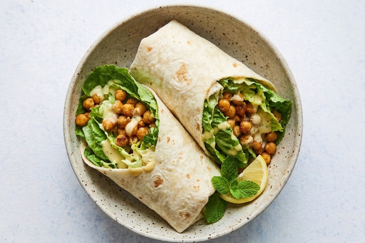 A tortilla wrap cut in half, filled with romaine, toasted chickpeas, and a creamy lemon dressing