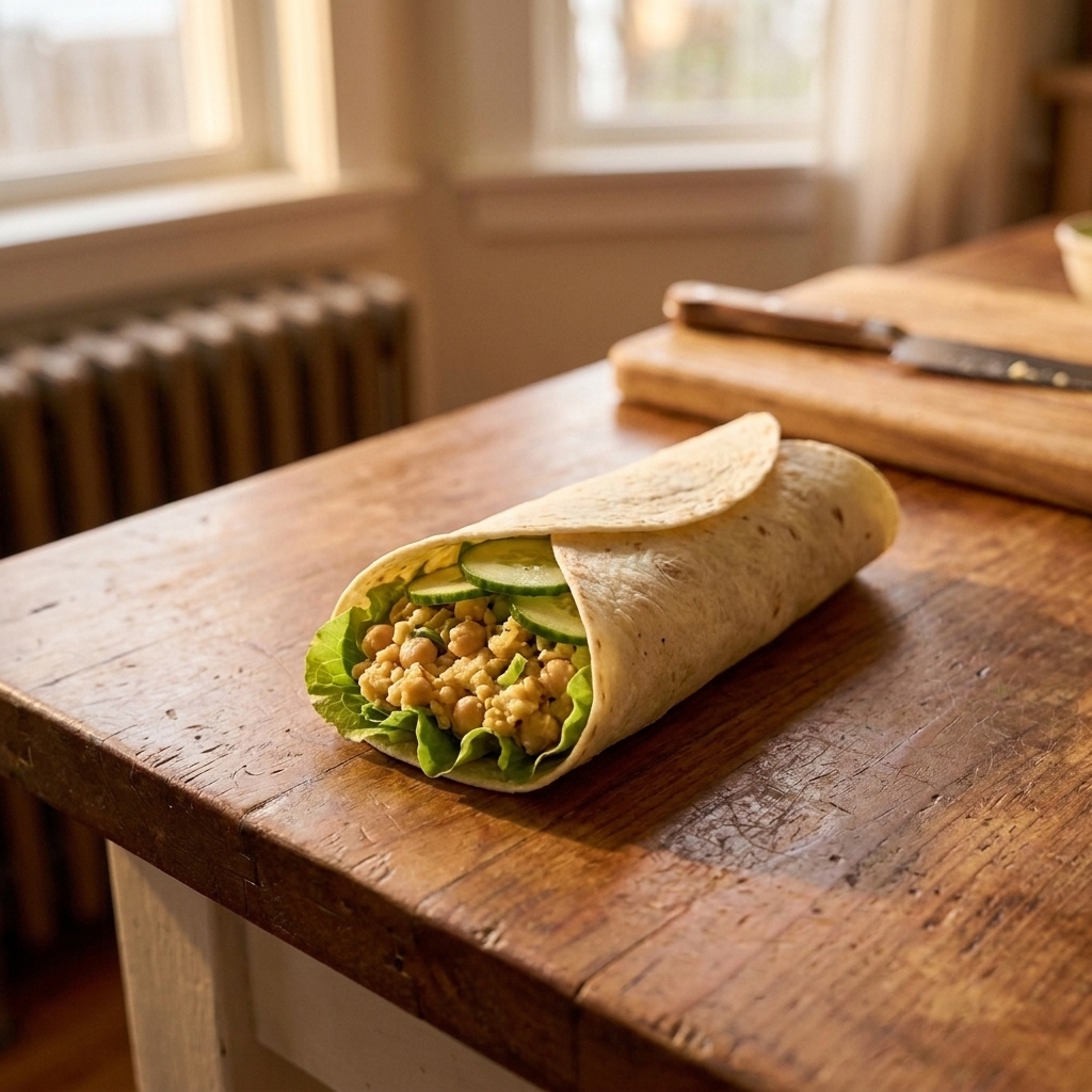 A tortilla wrap filled with smashed chickpea salad, lettuce, and sliced cucumbers on a kitchen counter