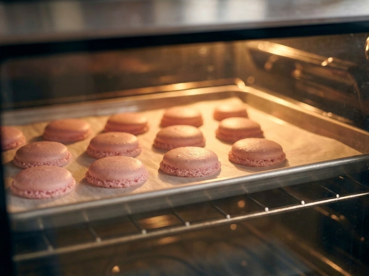 A tray of macarons mid-bake with ruffled feet forming at the base, viewed through an open oven door