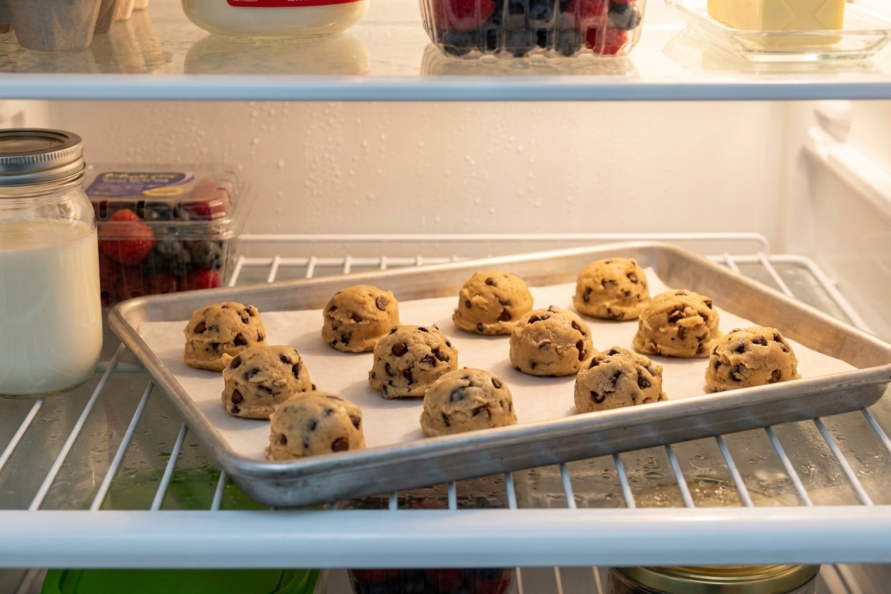 A tray of portioned cookie dough balls chilling on parchment paper inside a refrigerator