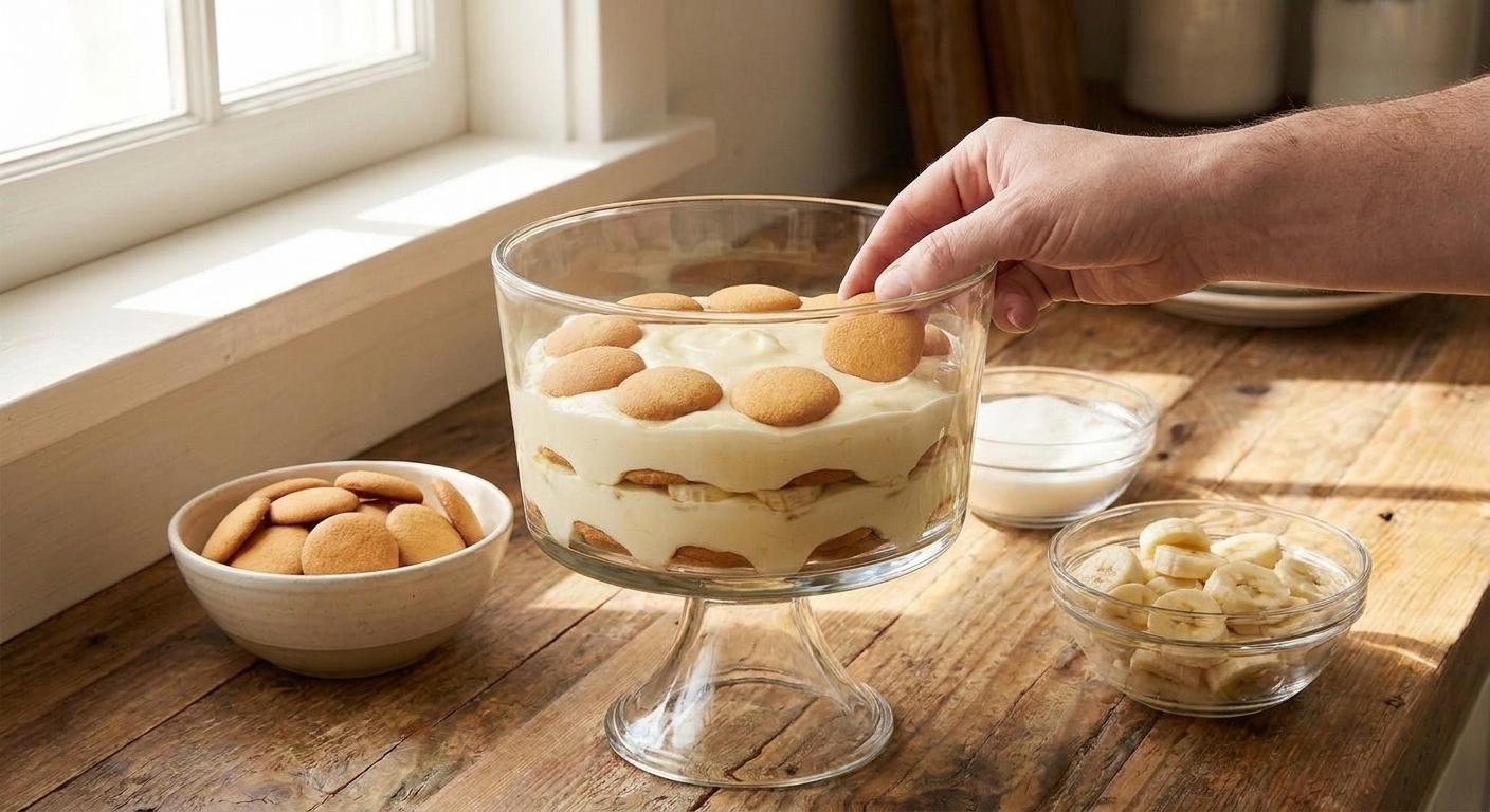 A trifle dish being layered with vanilla wafers, sliced bananas, and thick vanilla cream