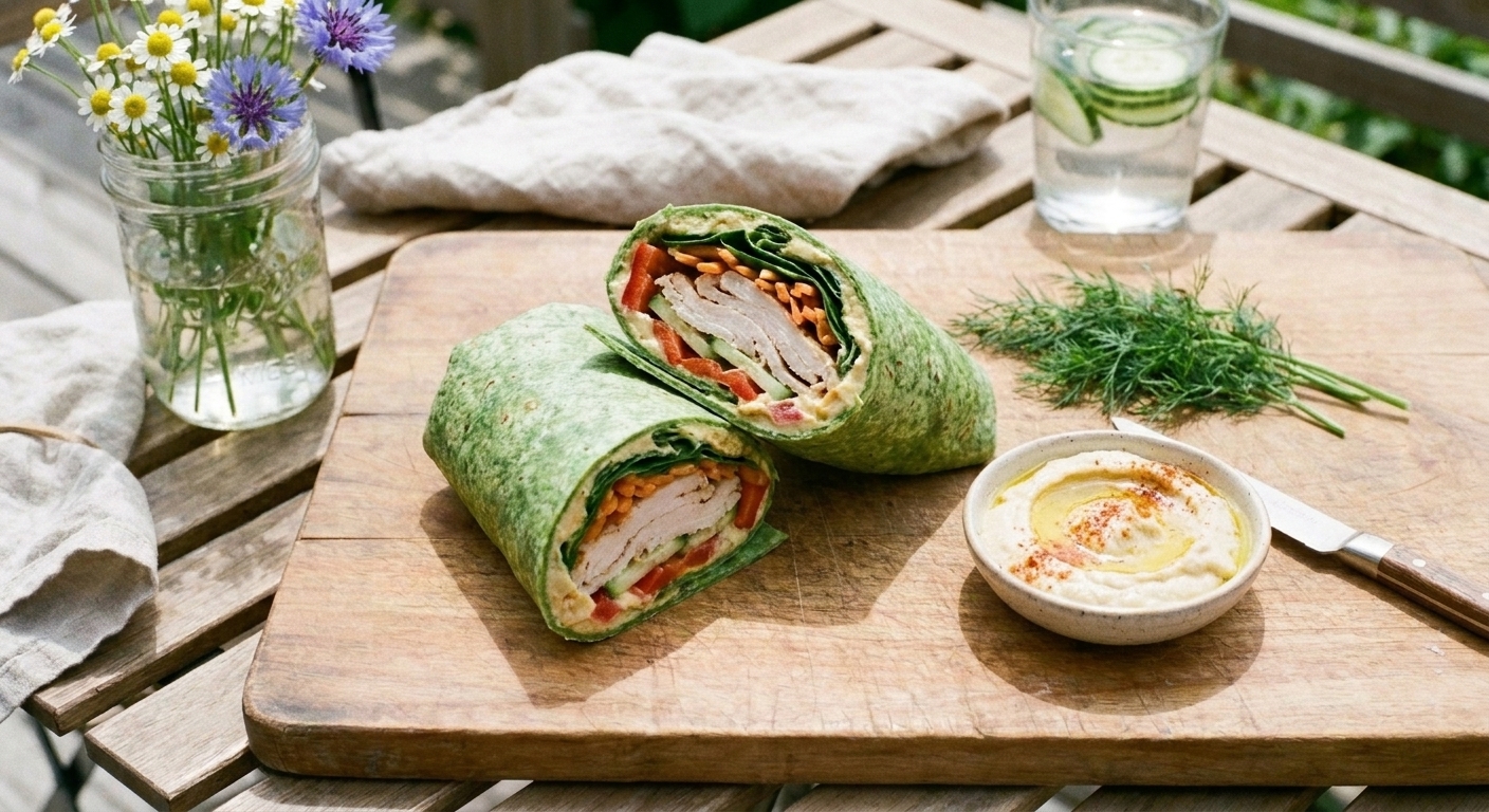 A turkey hummus veggie wrap cut on a diagonal with colorful vegetables visible, on a wooden board