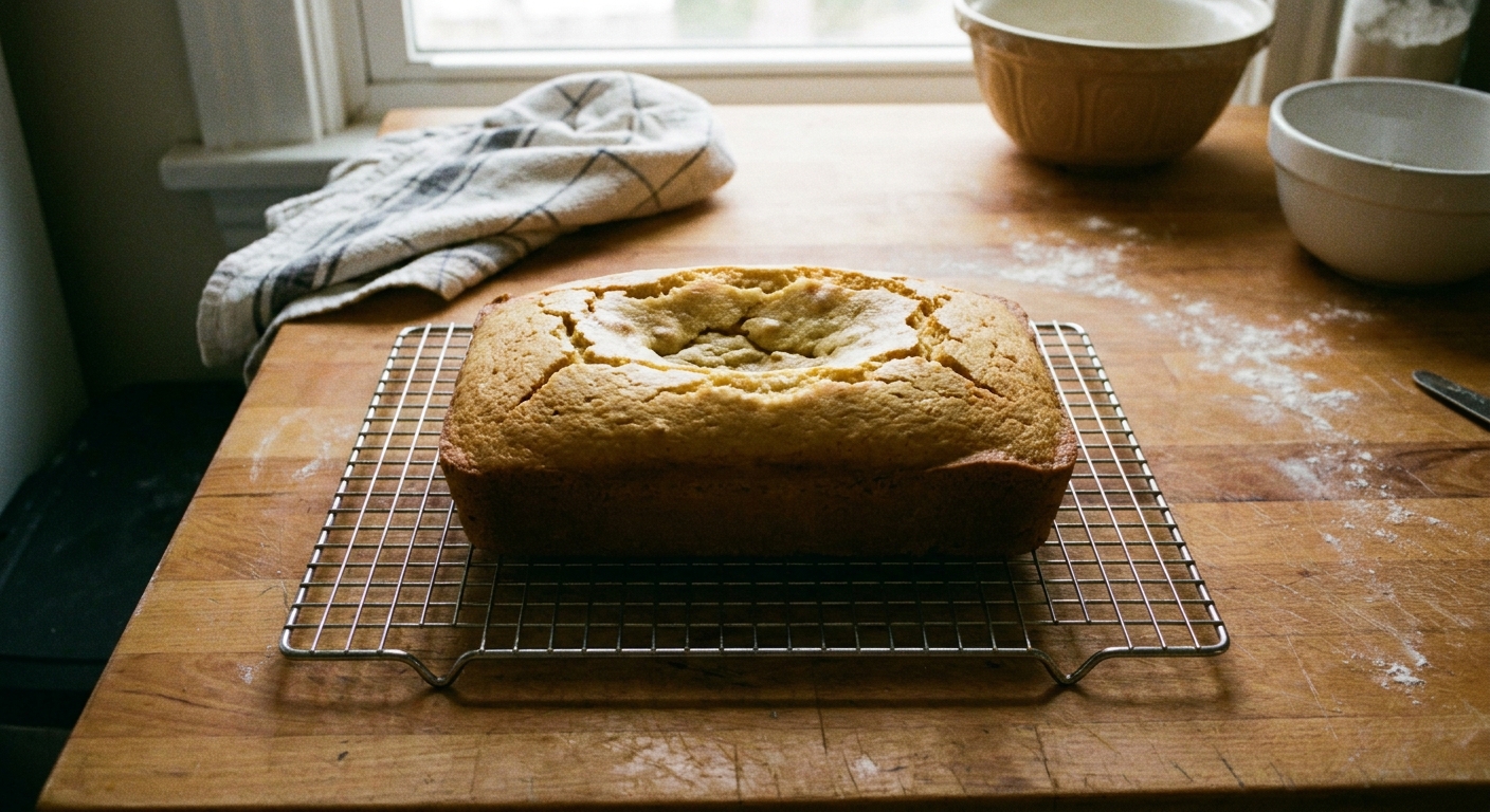 A vanilla cake loaf with a noticeably sunken center cooling on a wire rack on a kitchen counter