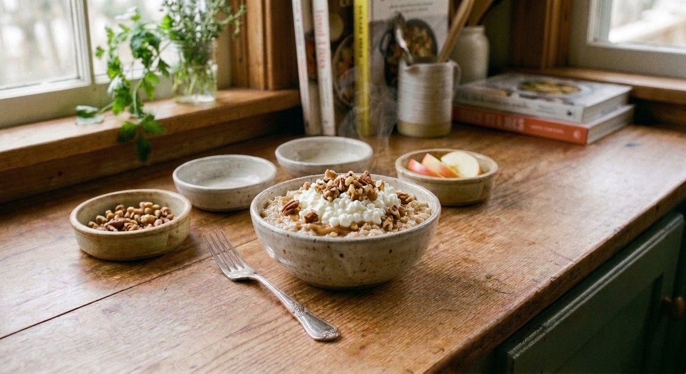 A warm bowl of apple cinnamon oatmeal topped with a dollop of cottage cheese and chopped nuts on a breakfast table