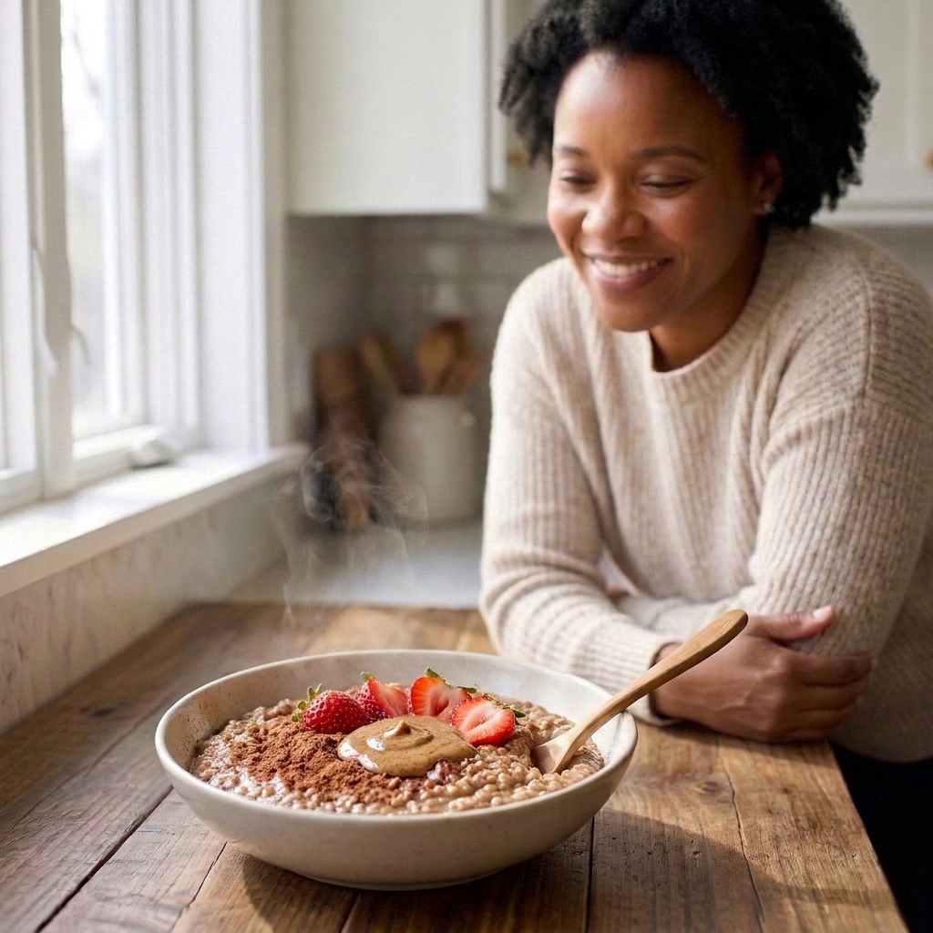 A warm bowl of buckwheat porridge topped with cocoa, sliced strawberries, and a spoonful of almond butter