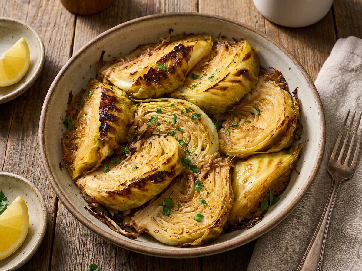A warm bowl of caramelized cabbage with browned edges, sprinkled with parsley, on a rustic dinner table setting