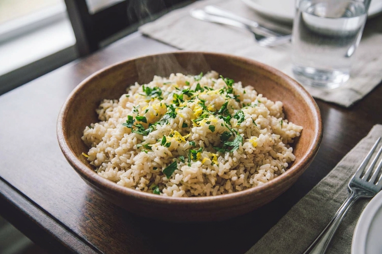 A warm bowl of fluffy brown rice topped with chopped parsley and lemon zest on a casual dinner table