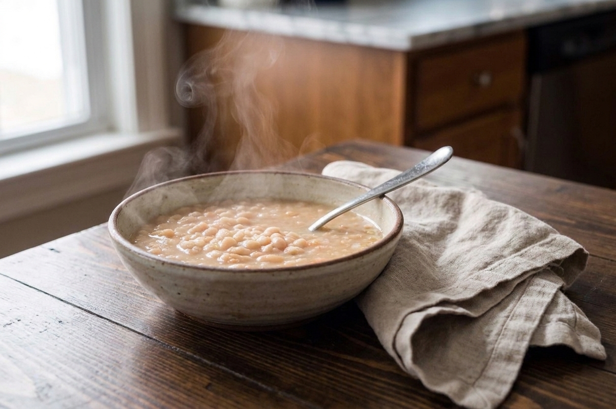 A warm bowl of reheated soup on a wooden table with a spoon and a linen napkin, steam rising gently
