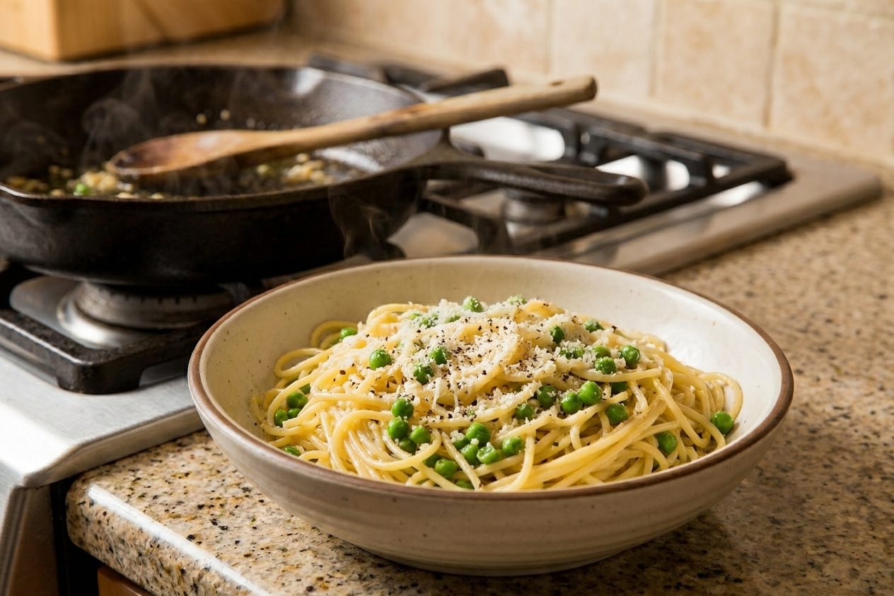 A warm bowl of spaghetti tossed with green peas, grated Parmesan, cracked black pepper, and a light buttery sauce