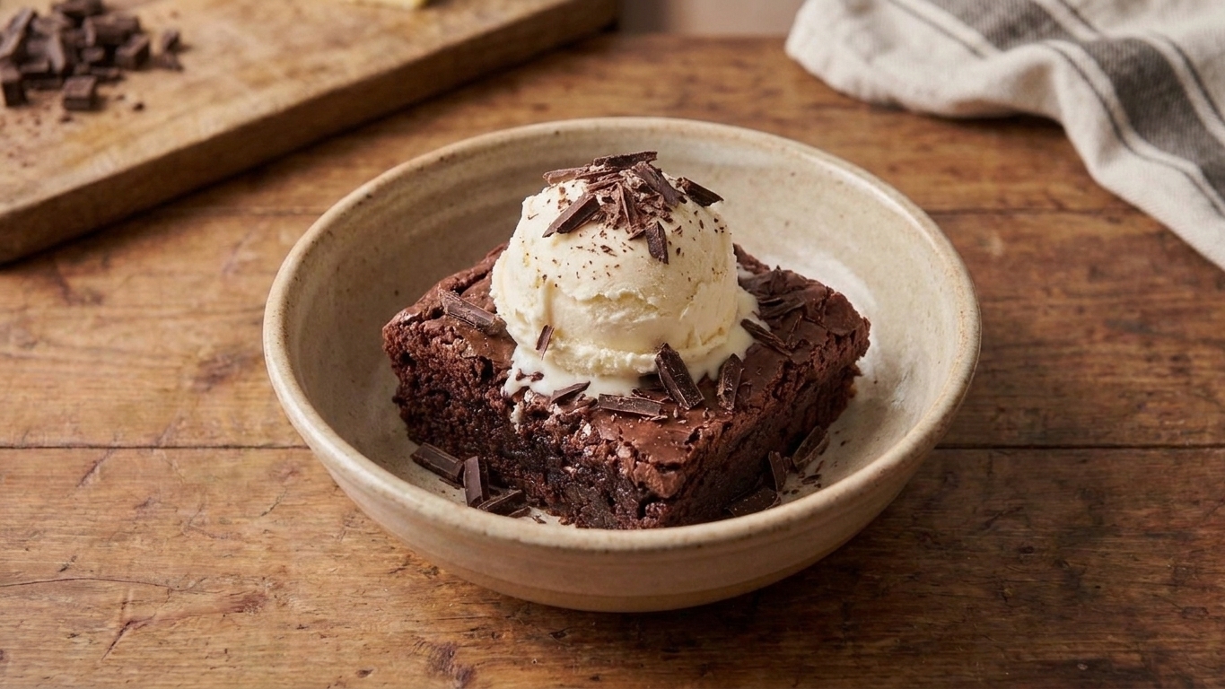 A warm chocolate brownie in a bowl topped with a scoop of vanilla ice cream and chocolate shavings