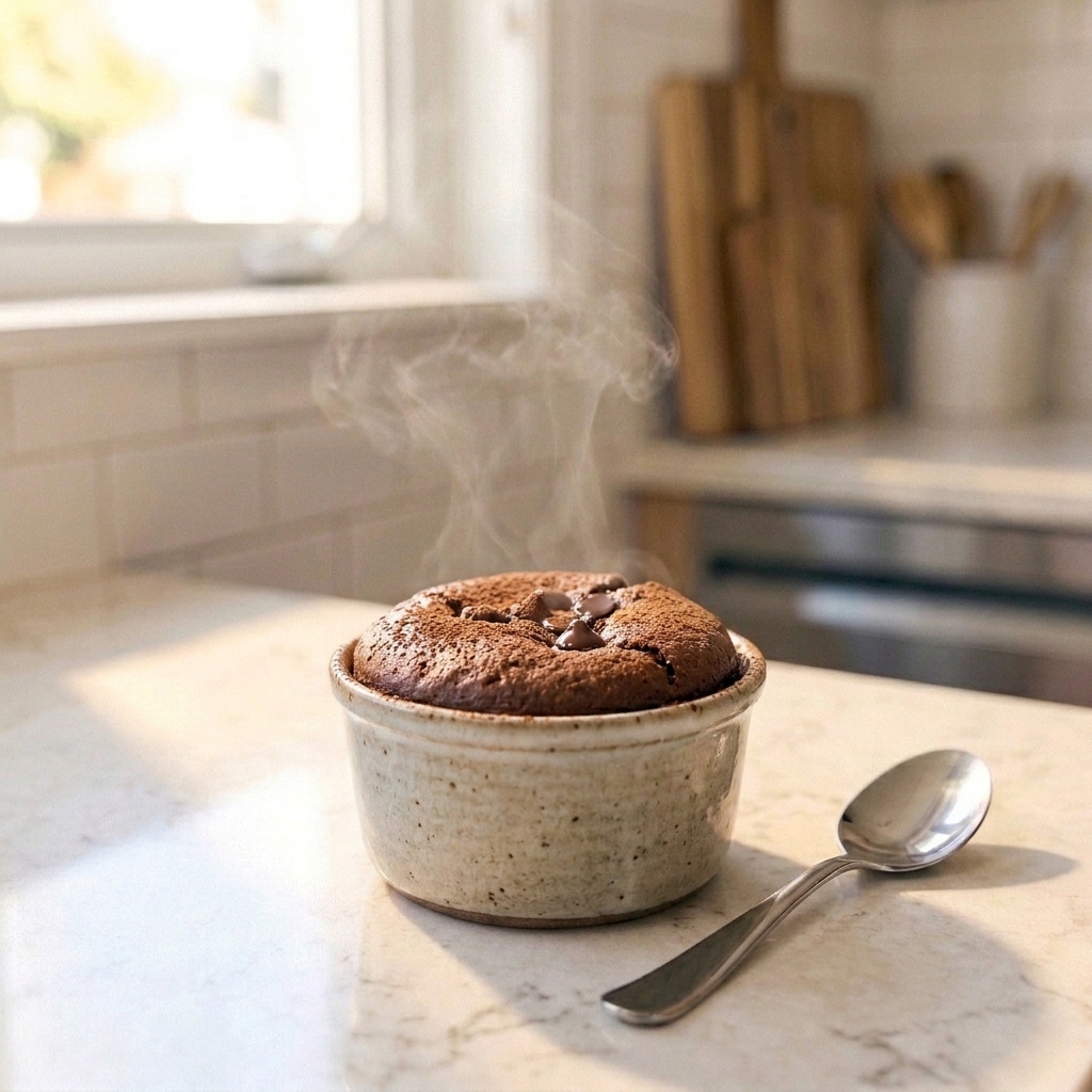 A warm chocolate mug cake in a small ramekin with a spoon resting beside it