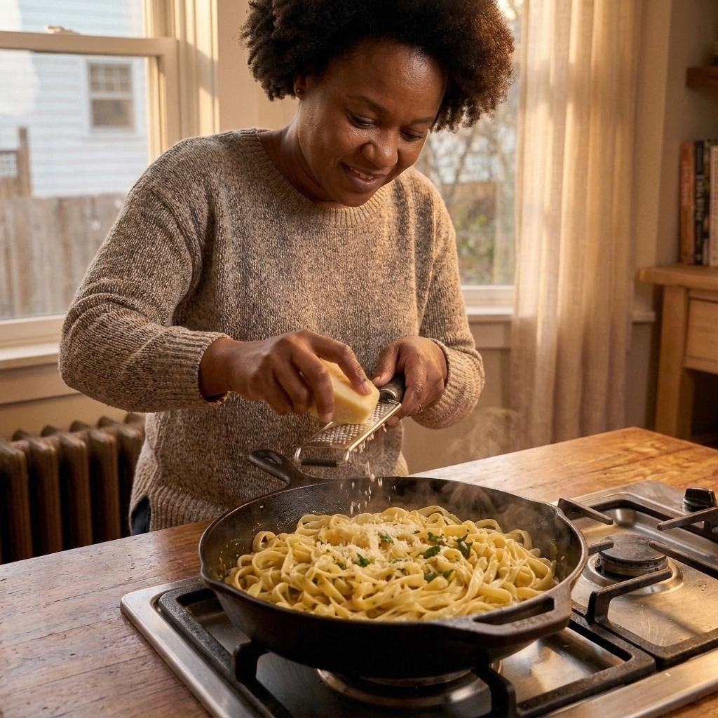 A warm pan of pasta being finished with grated parmesan on a stovetop