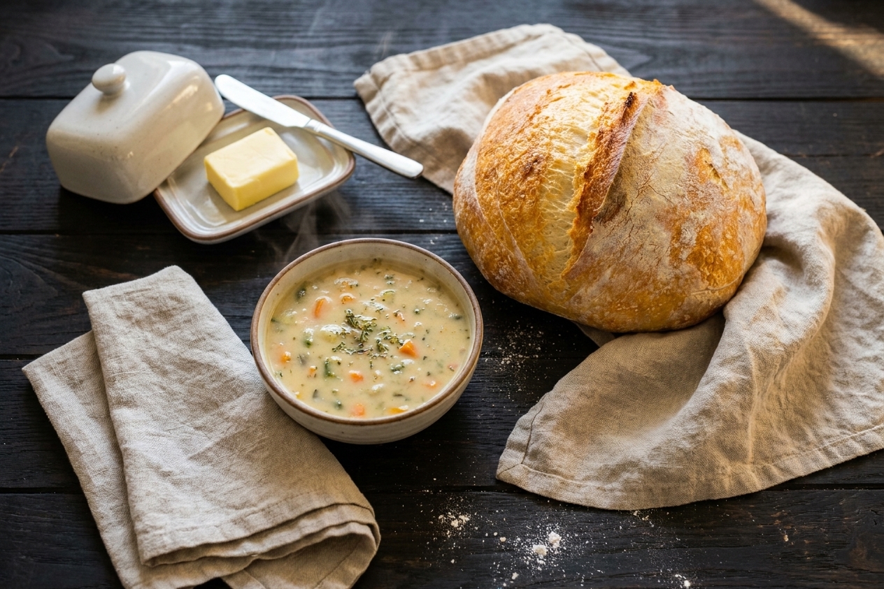 A warm rustic loaf on a dinner table with a butter dish, a small bowl of soup, and simple linen napkins