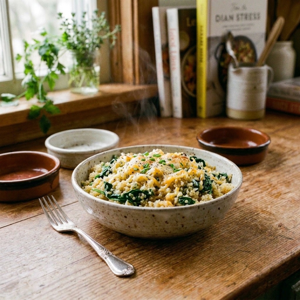A warm savory quinoa bowl with wilted spinach and grated cheese in a simple ceramic bowl on a wooden counter
