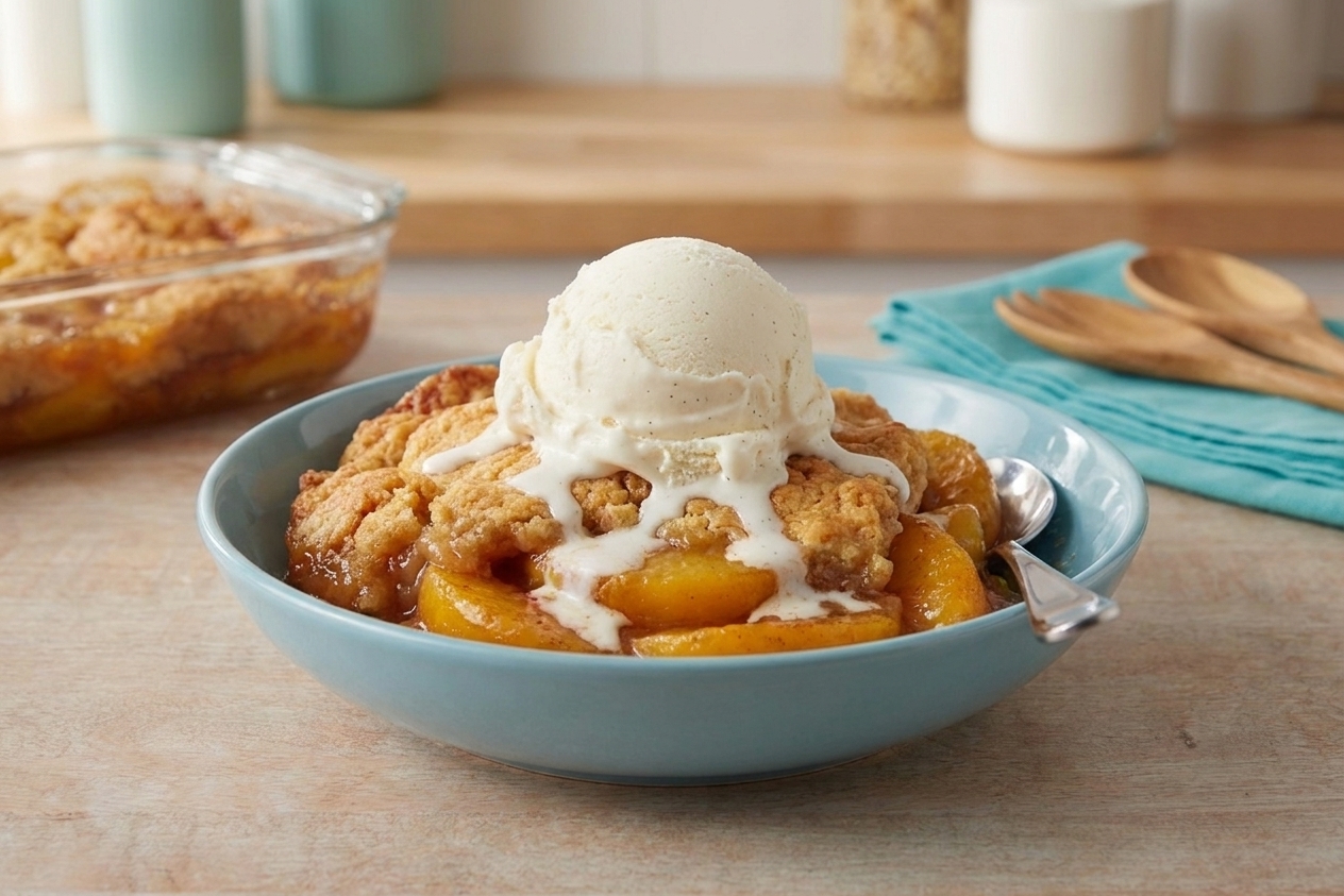 A warm scoop of peach cobbler in a bowl topped with melting vanilla ice cream on a wooden table