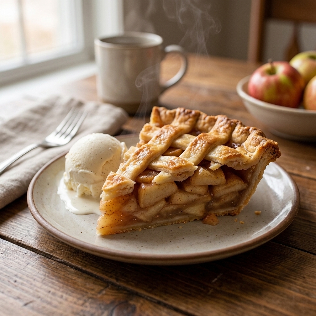 A warm slice of apple pie on a dessert plate with a scoop of vanilla ice cream on the side on a rustic dining table