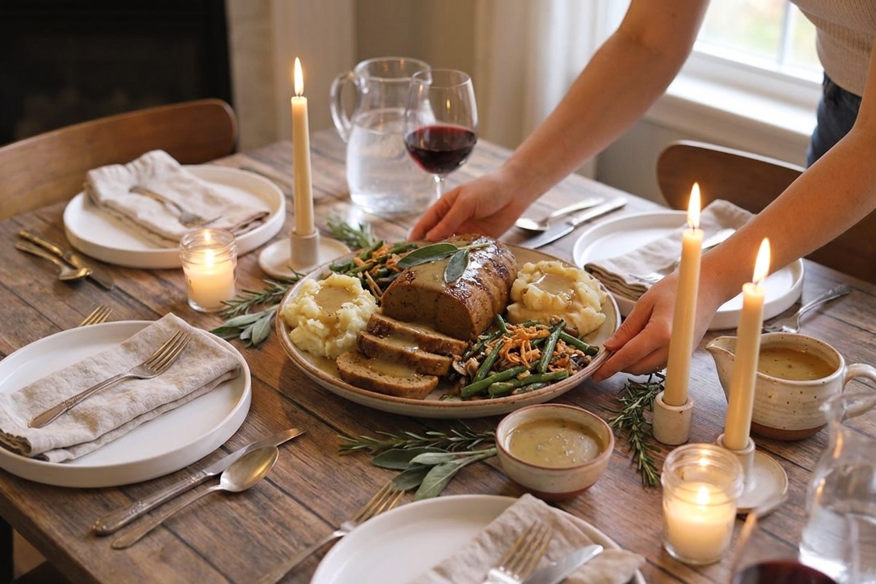 A warmly lit dinner table set with plates, linen napkins, candles, and a platter ready for a holiday-style vegan meal