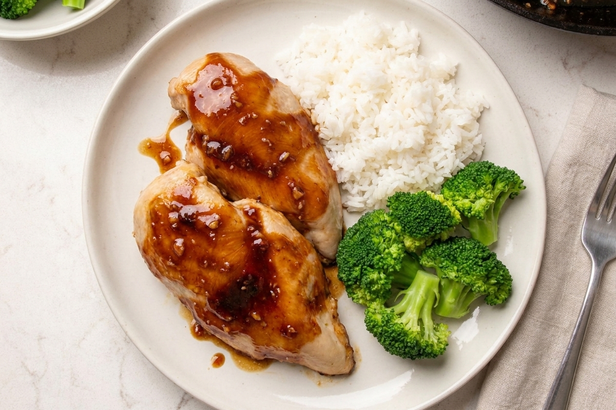 A weeknight dinner plate with glazed chicken breast, steamed white rice, and bright green broccoli
