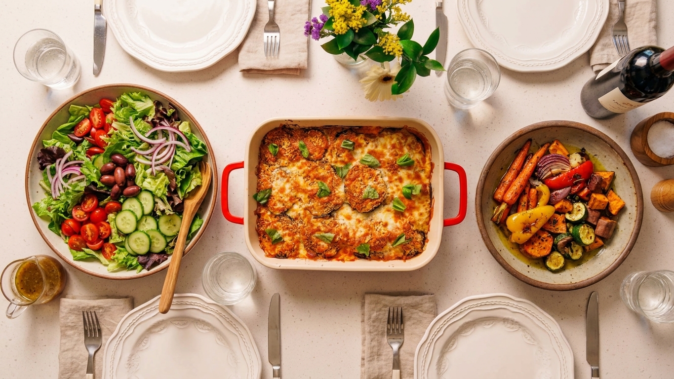 A weeknight dinner table with a casserole of eggplant parmesan, a big green salad, and a bowl of roasted vegetables