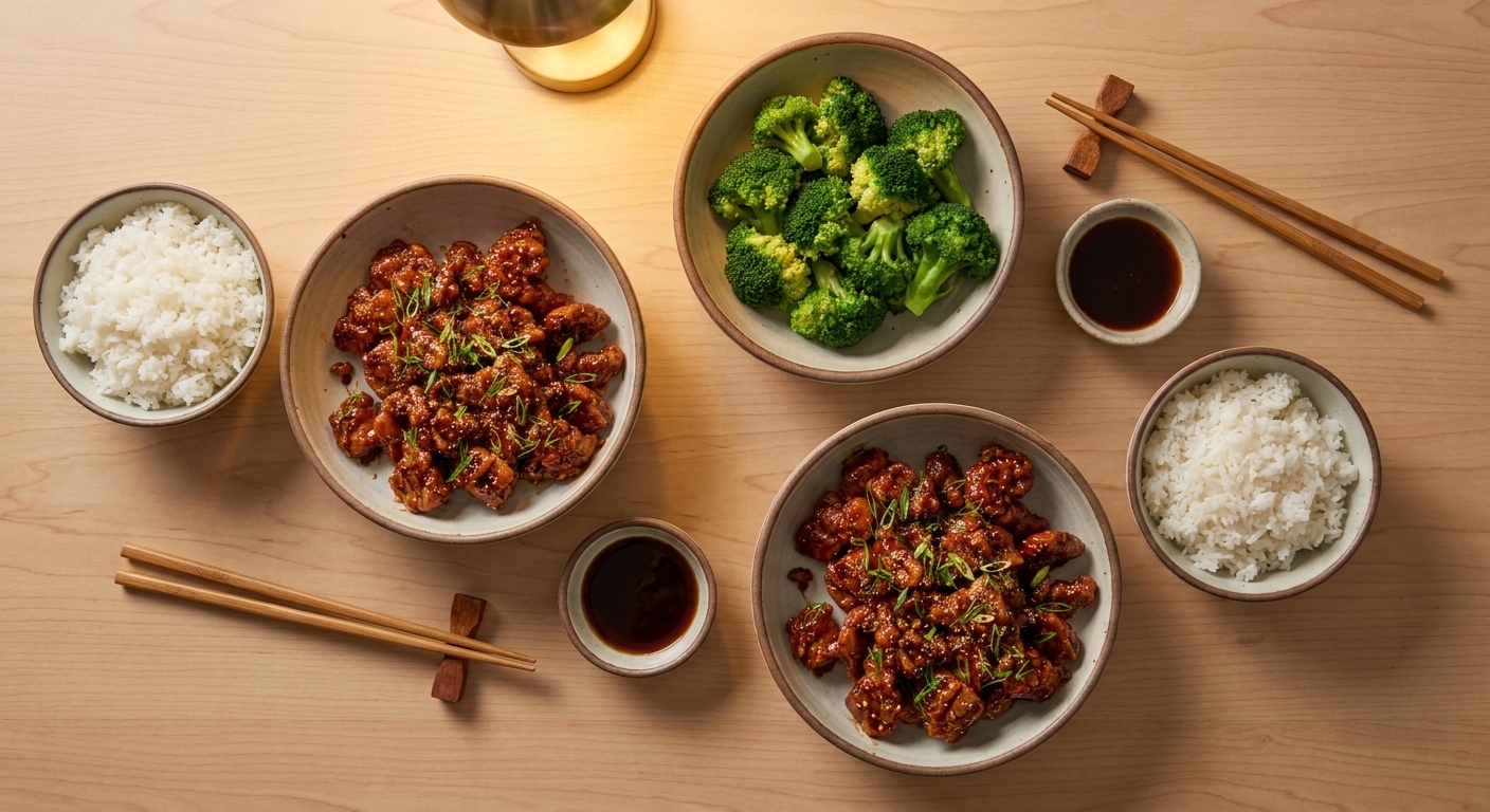 A weeknight dinner table with bowls of saucy crispy chicken, steamed rice, broccoli, chopsticks, and small dipping bowls set for two