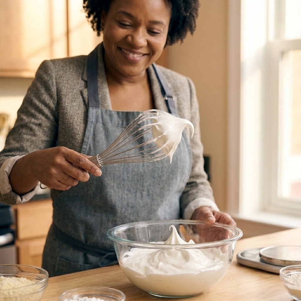 A whisk lifted from a mixing bowl showing glossy stiff peak meringue that holds its shape