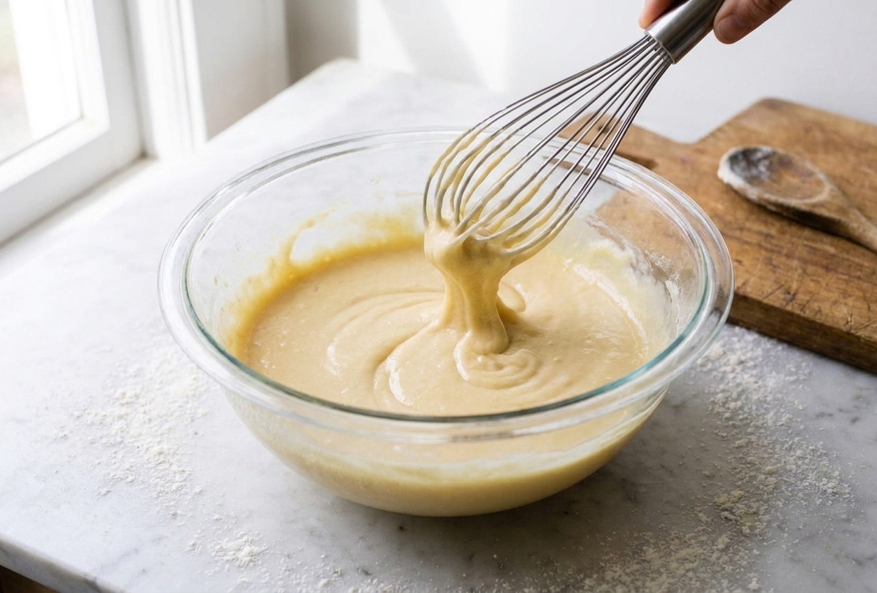 A whisk mixing smooth vegan cake batter in a glass mixing bowl on a flour-dusted countertop