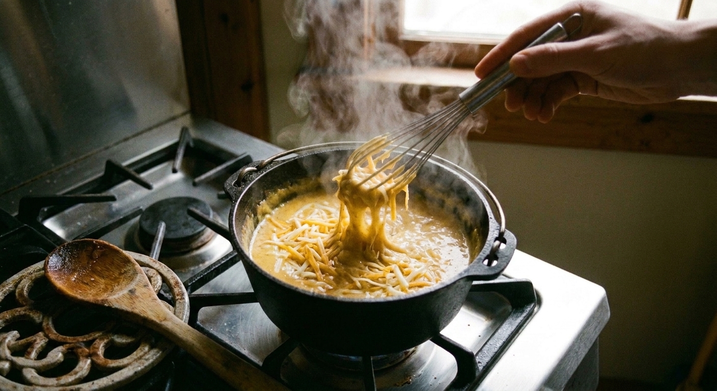 A whisk pulling through thick cheese sauce as shredded cheese melts smoothly into the pot