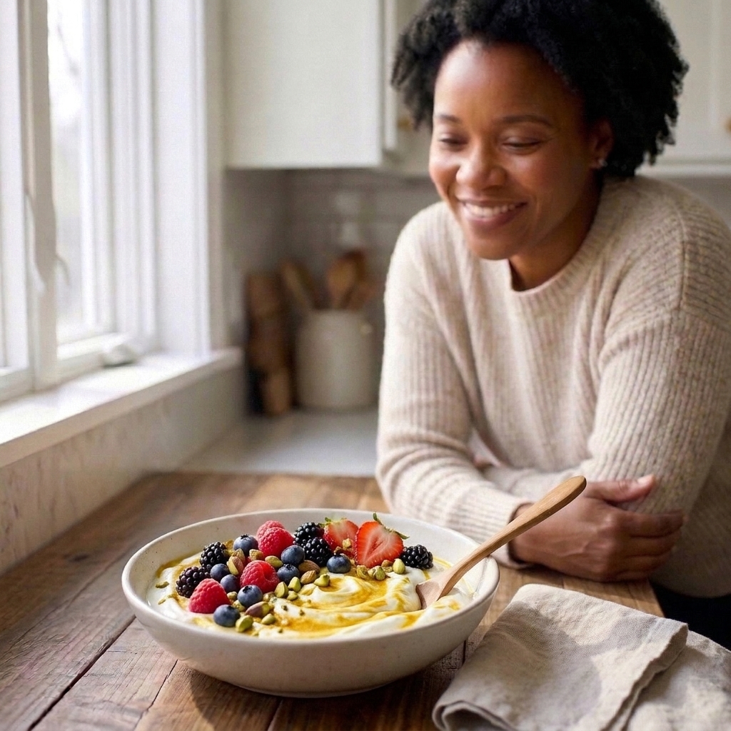 A white bowl of Greek yogurt swirled with turmeric and ginger, topped with mixed berries and pistachios on a breakfast table