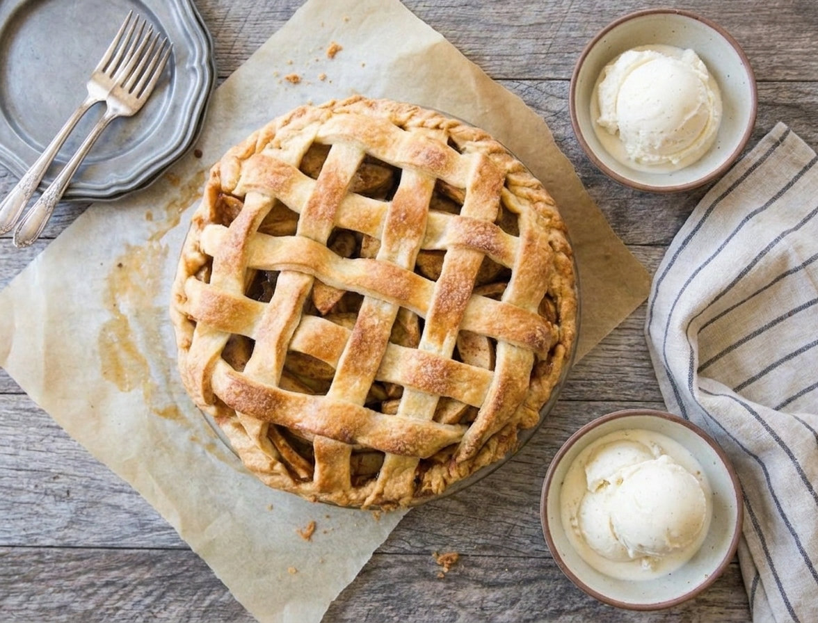 A whole apple pie on a rustic table with dessert plates, forks, and a small bowl of vanilla ice cream nearby