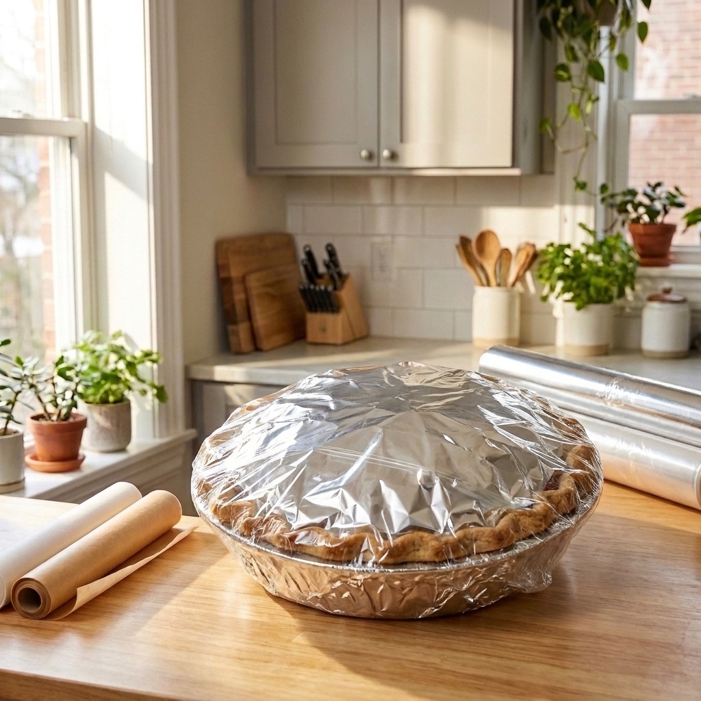 A whole fruit pie wrapped tightly in plastic wrap and aluminum foil on a kitchen counter
