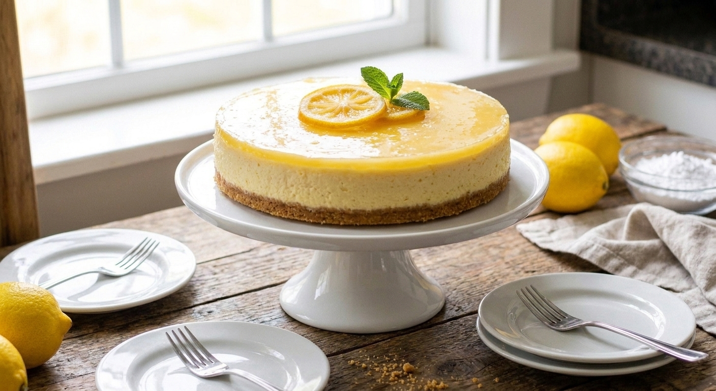 A whole no-bake lemon cheesecake on a cake stand with small plates and forks on a bright table setting