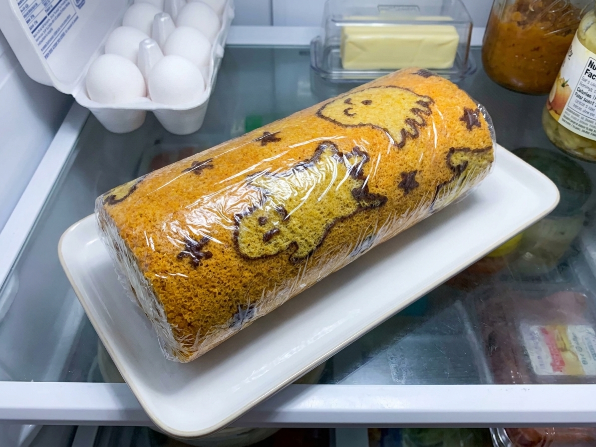 A whole pumpkin roll tightly wrapped in plastic wrap resting on a plate in a refrigerator