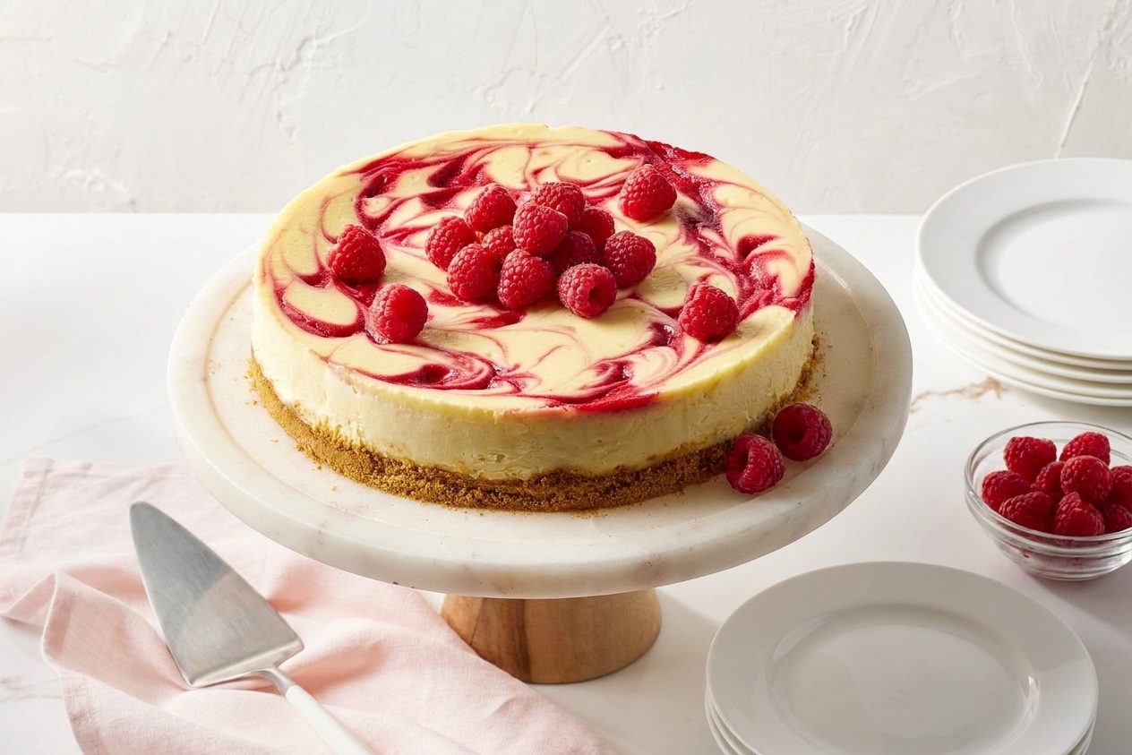 A whole raspberry swirl cheesecake on a cake stand on a dining table, topped with fresh raspberries and surrounded by small dessert plates