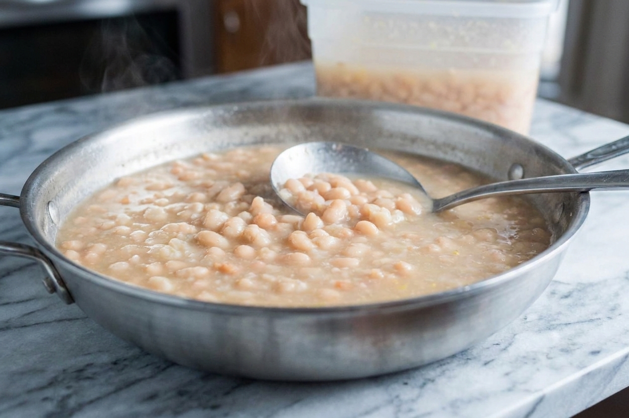 A wide, shallow metal pan filled with soup cooling with a spoon resting nearby
