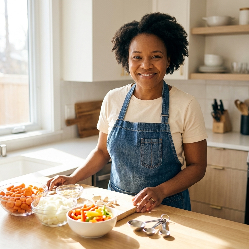 A woman smiling at a bright home kitchen counter with bowls of chopped vegetables, garlic, and measuring spoons laid out, ready to start cooking