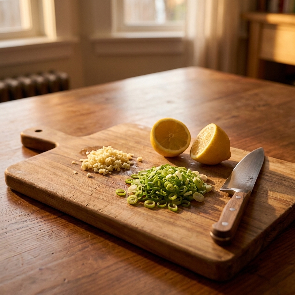 A wooden cutting board with minced garlic, sliced green onions, a lemon, and a chef's knife ready for quick weeknight cooking