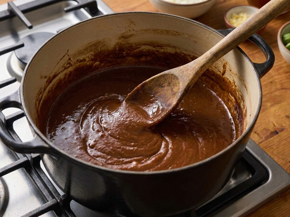 A wooden spoon stirring a deep brown roux in a heavy pot on a stovetop, showing the glossy texture as it darkens