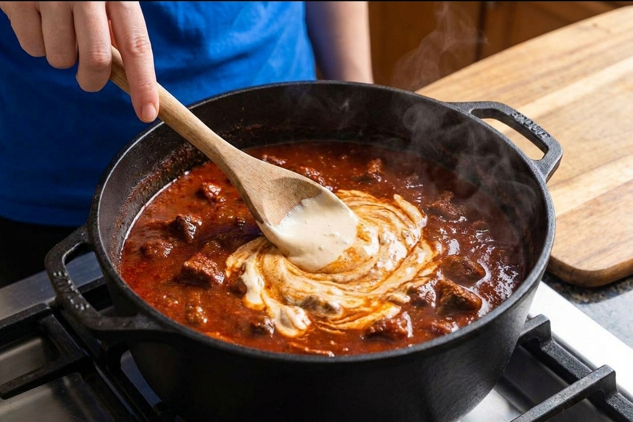 A wooden spoon stirring a pale creamy swirl into a pot of red Texas chili