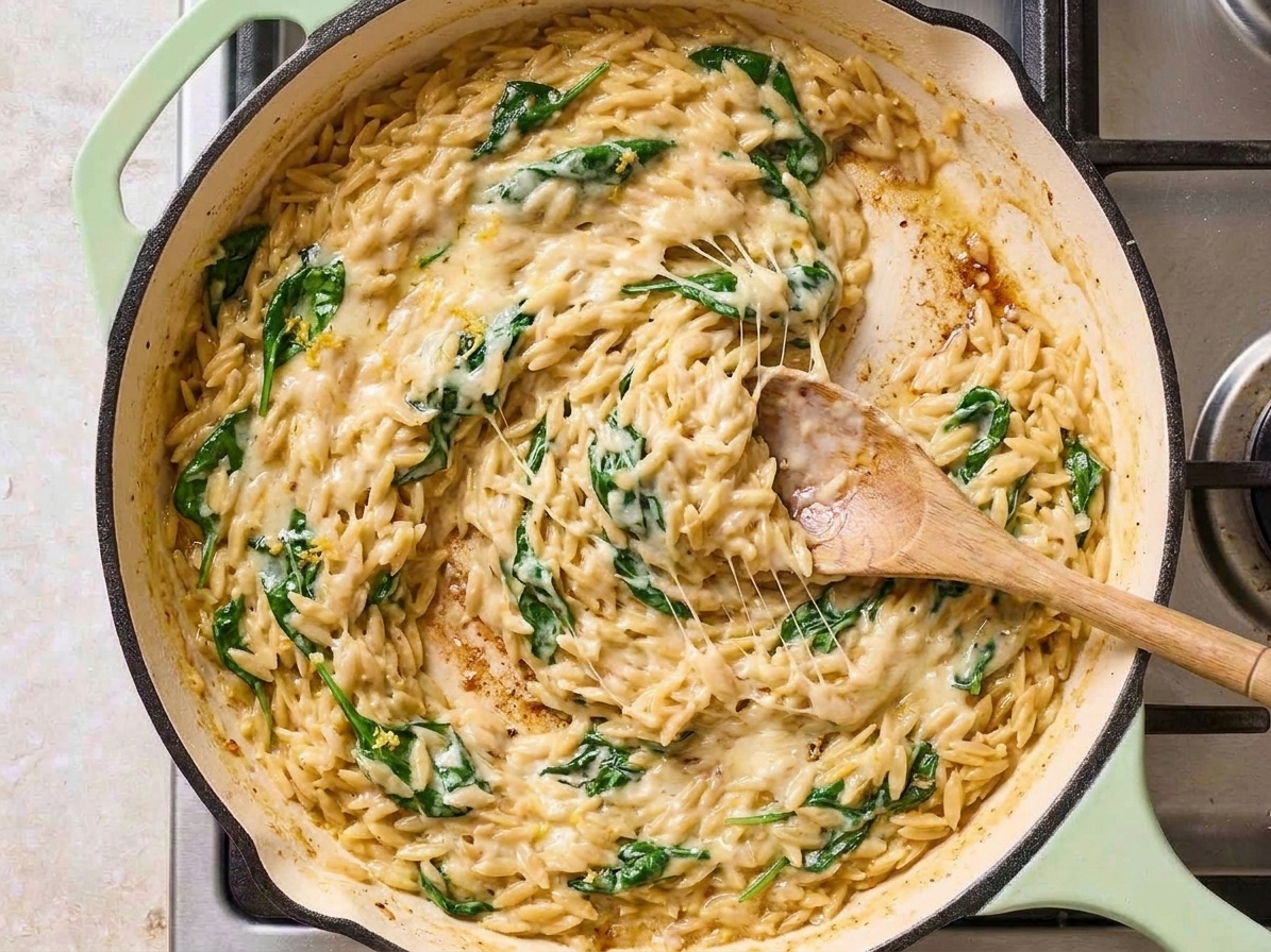 A wooden spoon stirring creamy orzo with melted Parmesan in a skillet
