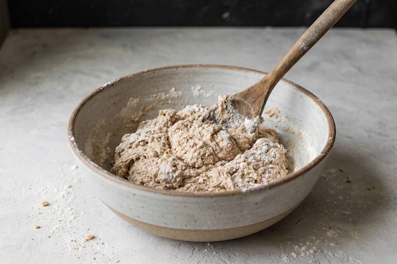 A wooden spoon stirring shaggy wheat bread dough in a large mixing bowl