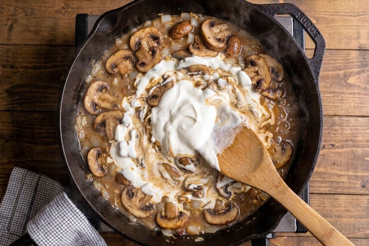 A wooden spoon stirring sour cream into a creamy mushroom sauce in a skillet
