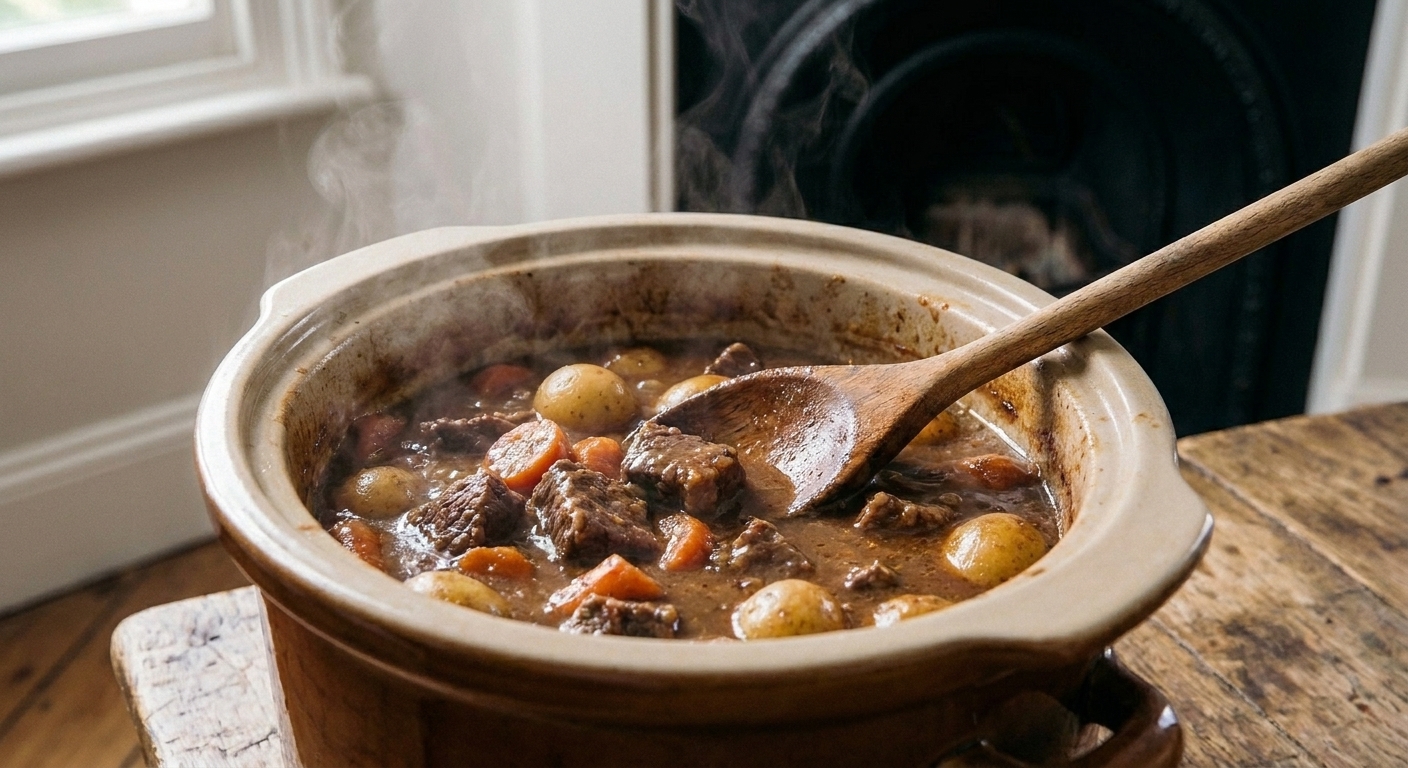 A wooden spoon stirring thick beef stew inside a slow cooker, showing chunks of beef, carrots, and potatoes in rich gravy