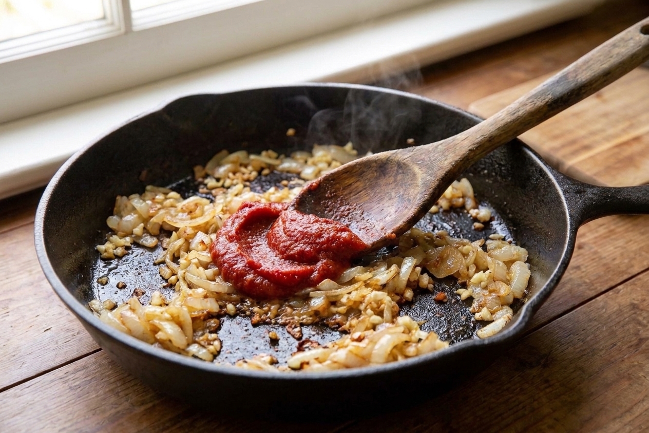 A wooden spoon stirring tomato paste into sautéed onions and garlic in a skillet, with browned bits visible on the pan